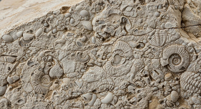 Fossilized ammonites and shells embedded in ancient rock a detailed geological texture for natural history and paleontology concepts
