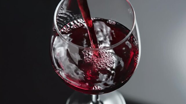 A close-up shot captures the rich, ruby-red color of wine being poured into a stemmed glass against a dark, blurred background.