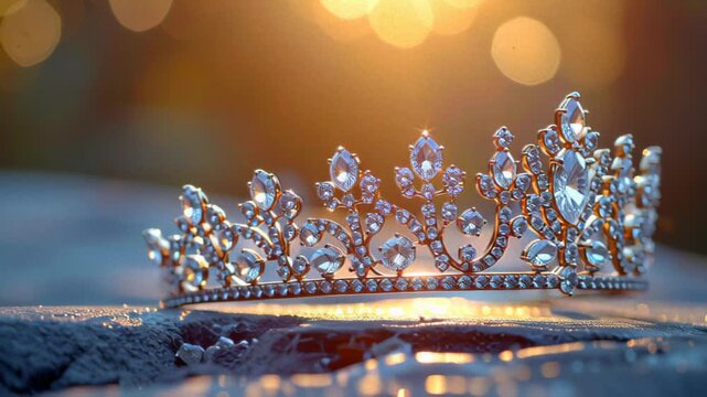 Luxurious Diamond Crown Adorned with Brilliant Gemstones, Illuminated by a Warm Golden Light, Resting on a Textured Surface