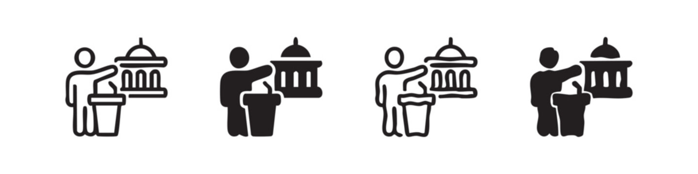 Politician at podium icon: speech, politics, government, and public speaking