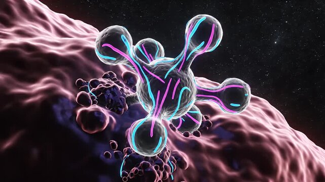Close-Up View of Bloodstream Flowing Through a Vein with Cells and Particles Moving in Dark Environment