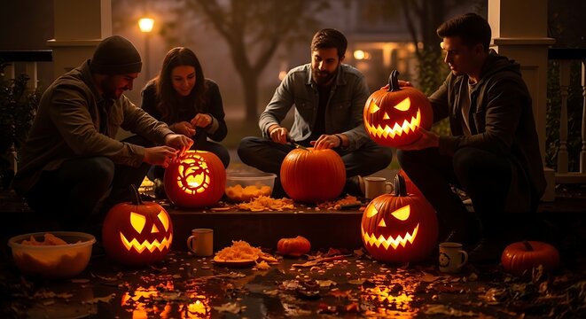 Group of friends carving pumpkins on a porch at night for Halloween.