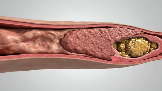 Close-up Visualization of Artery with Cholesterol Plaque Buildup and Heartbeat Pulse in Medical Illustration