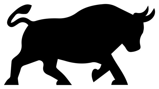 Solid black filled icon of a stock market bull minimal design symbolizing growth and market trends on a white background