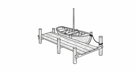 Fototapeta premium A wooden boat is docked beside a wooden pier with posts and ropes