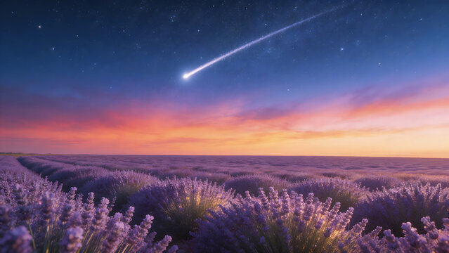 Lavender field under shooting star sky