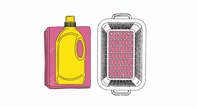 A yellow bottle of liquid detergent rests on pink cloths next to an empty basket