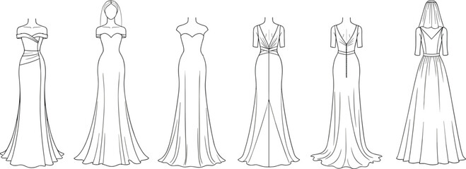 Elegant bridal and evening gown technical flat sketches collection featuring long formal dresses with varied necklines and silhouettes for fashion illustration set © Nahar999