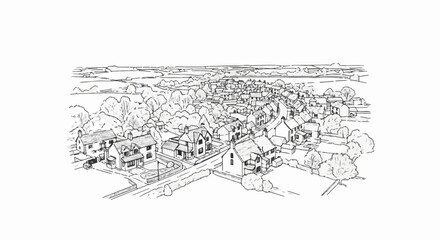 Fototapeta premium Aerial sketch of a quaint village with winding roads and rolling hills