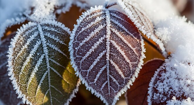 Leaf frost closeup with icy snow texture showing cold winter growth and nature resilience for seasonal marketing visuals