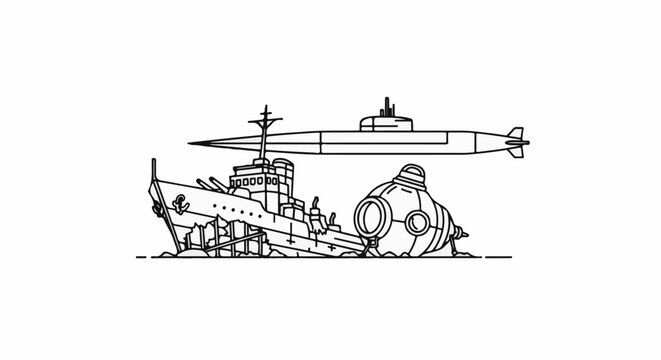 An outline drawing shows a shipwrecked boat with a submarine and a bathyscaphe