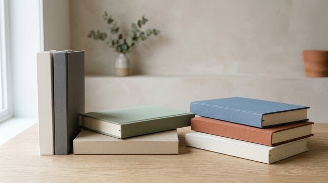 Stack of blank book mockups on a wooden table