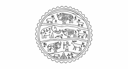 Fototapeta premium Ancient circular artwork depicting prehistoric animals, humans, and symbols