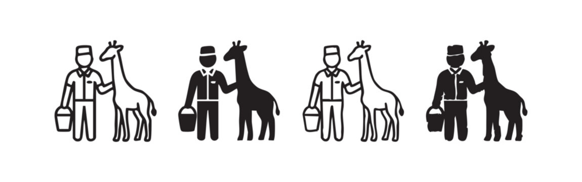 Zoo keeper and giraffe icons, outlined and filled, black and white