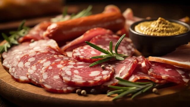 Gourmet charcuterie board platter with sliced salami, cured ham, and sausage served with fresh rosemary and mustard against a dark, moody background. close-up.