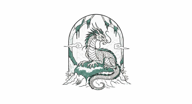 Ancient dragon perched on rock within a decorative archway