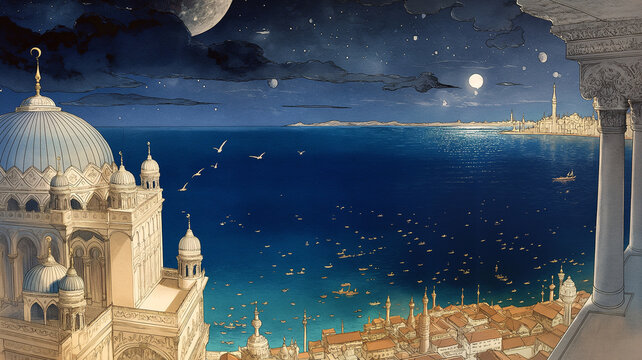 夜空に広がる星と月に照らされた幻想的な都市風景を描いたアラビアンテイストのファンタジーイラストで、神秘的な雰囲気と静寂な空気感を表現した背景素材