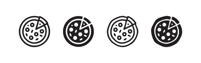 Set of pizza icons, outline and filled, hand-drawn style