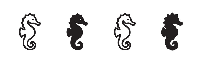 Set of seahorse icons, outline and filled, hand-drawn style © liubomir118809