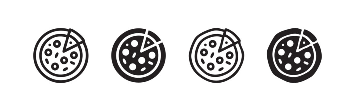 Set of pizza icons, outline and filled, hand-drawn style