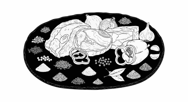 Black and white illustration of raw meat, vegetables, and spices on a platter