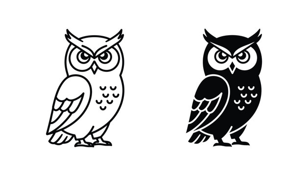 Wise owl character icon in minimalist vector line art and solid black silhouette for educational branding