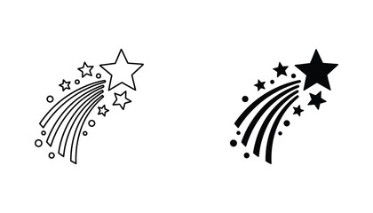 Shooting star and celestial sparks vector icon set in line art and solid black silhouette styles isolated on white background for space magic and night sky design © TARU STOCKPLC