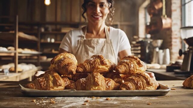 A smiling female baker proudly presents a tray of freshly baked golden croissants in a warm, rustic bakery setting