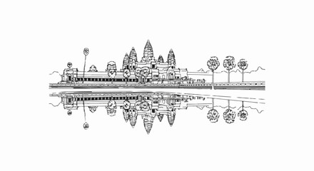 Fototapeta premium Ancient temple complex reflected in calm water, sketch art