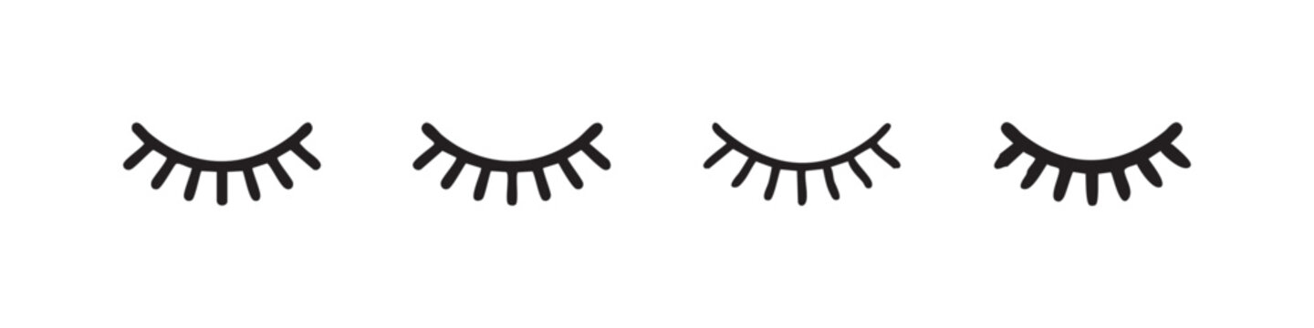 Four closed eye icons with eyelashes, sleep, rest, black and white