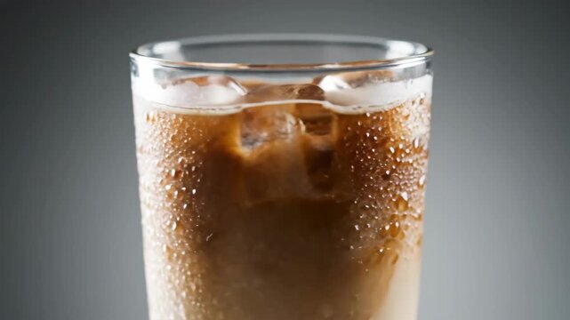 Close-up of refreshing iced coffee with milk and melting ice cubes, showing condensation and water droplets on the wet glass surface