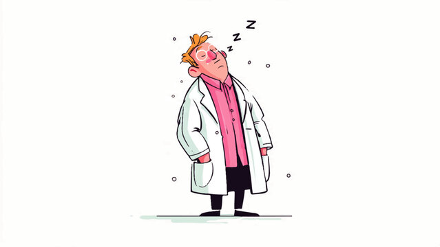 A sleepy doctor stands nearly falling asleep in a medical setting.