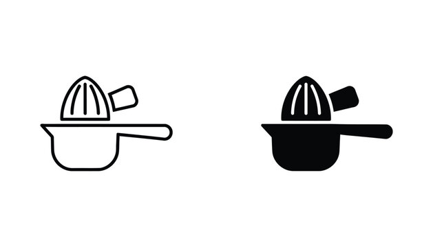 Citrus fruit manual hand juicer kitchen tool vector icon set in outline and solid black styles for cooking design elements