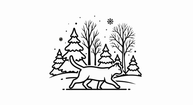 Black and white line art of a cat walking through a snowy winter forest