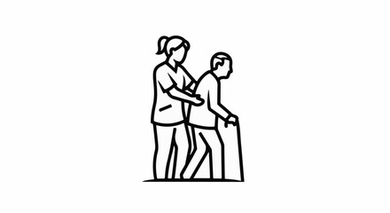 Obraz premium caregiver assisting elderly person with walking stick, simple line drawing