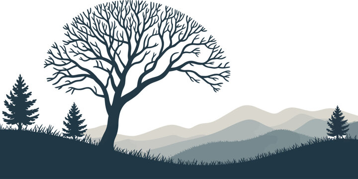 serene landscape with trees on a hillside vector illustration, minimal natural scenery