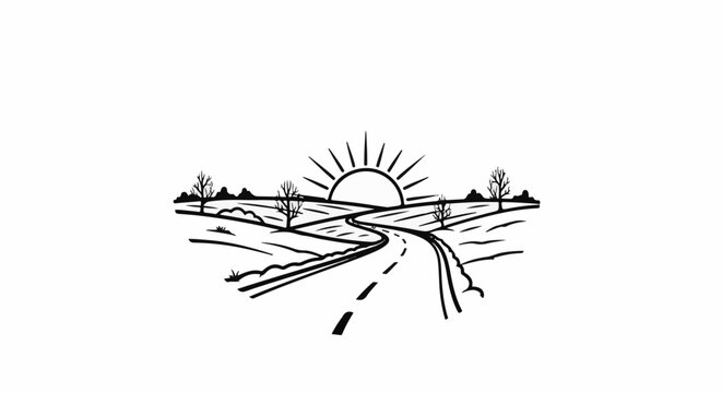 A winding road leads towards a bright sun over rolling hills and bare trees