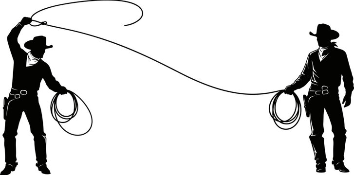 Black vector silhouette of western American cowboys holding and throwing lasso rope, wearing traditional hats for rodeo ranch design illustration.