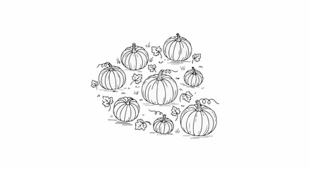 Fototapeta premium Black and white sketch of various sized pumpkins scattered among leaves and grass