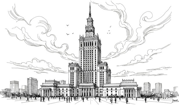 Detailed black and white vector line art drawing of Palace of Culture and Science landmark building in Warsaw Poland.