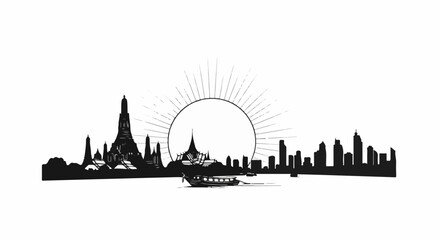 Obraz premium Black and white silhouette of a city skyline with a traditional spire and modern buildings