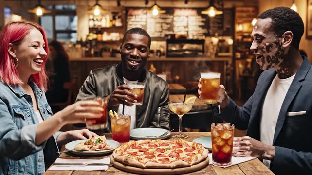 Three diverse friends are enjoying a meal together at a restaurant, sharing pizza and drinks while laughing and conversing