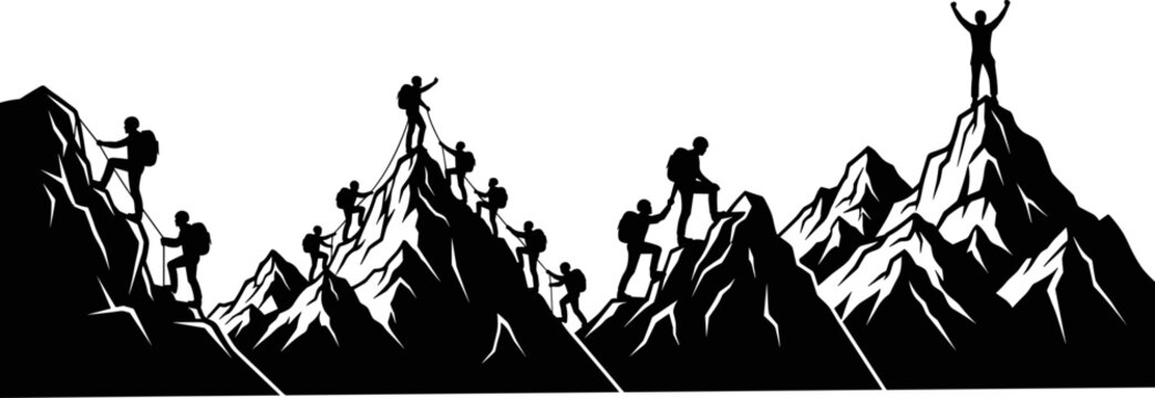 Set of black vector silhouettes featuring mountaineers climbing up mountains and reaching the peak for teamwork and success concept.