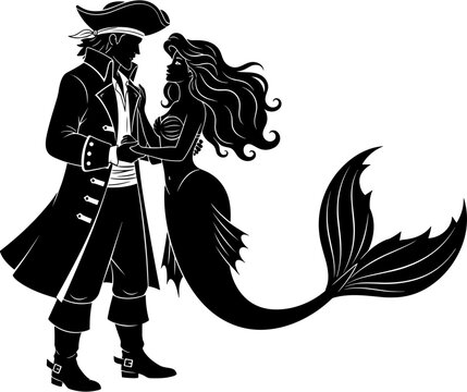 Black silhouette illustration of a pirate man and beautiful mermaid holding hands, romantic fantasy myth concept on a white background,