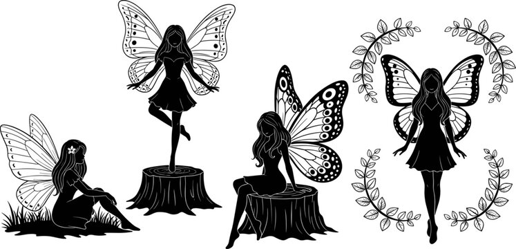 Fairy, silhouette, set, vector, illustration, butterfly, wings, fantasy, magical, pixie, isolated, girl, feminine, black, white, design, floral, wreath, mystical.