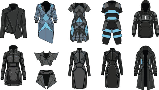 Futuristic clothing set with armored jackets dresses and tactical outfits featuring geometric panels, sci fi fashion collection vector apparel design