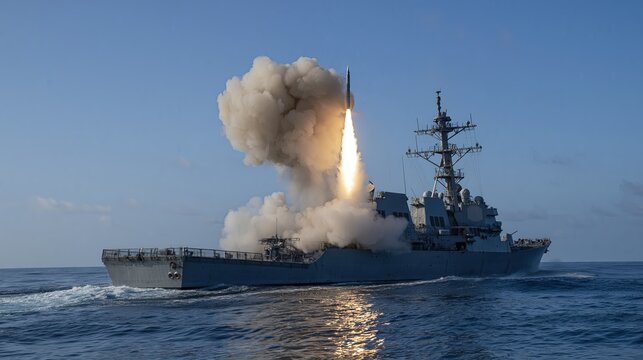 Naval Destroyer Launches Missile During Military Exercise in Open Water
