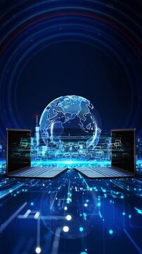 Digital File Transfer Between Laptops Global Network System exchanging data files global network cloud computing digital IT solutions, business workflows, remote work systems internet technology 3D