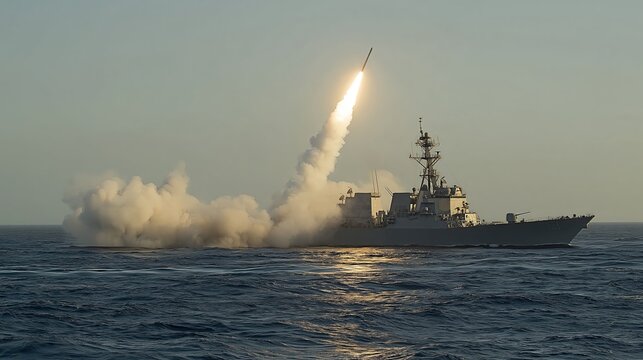 Naval Destroyer Conducts Missile Launch During Military Exercise on Open Water