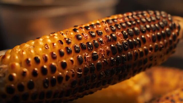 slow motion close-up footage of charred african street roasted corn on cob with smoke and spices 4k